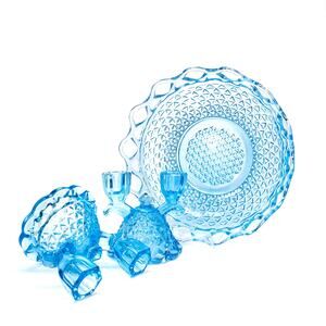 Vintage Ice Blue Glass Console Set Bowl Centerpiece and Candle Holders Fostoria?